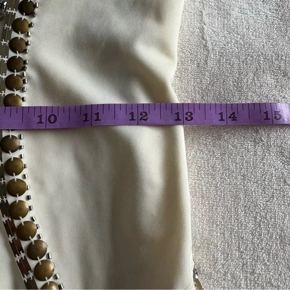 Bebe Cream Bodycon Sleeveless Mini Dress with Gold Studs & Sequins - Sexy Party - Picture 14 of 16